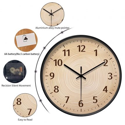 Round Wood - Grain Decor Wall Clock, Tree - Ring Pattern (Batteries Not Included), 10-16 Inches