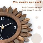 12 in Rustic Wood Boho Sunburst Decorative Wall Clock Silent Non Ticking Farmhouse Small Wall Clocks for Living Room Kitchen Bedroom Decor (Tricolor)