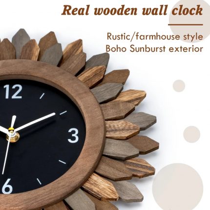 12 in Rustic Wood Boho Sunburst Decorative Wall Clock Silent Non Ticking Farmhouse Small Wall Clocks for Living Room Kitchen Bedroom Decor (Tricolor)