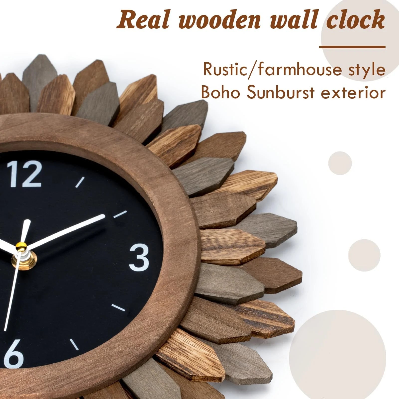 12 in Rustic Wood Boho Sunburst Decorative Wall Clock Silent Non Ticking Farmhouse Small Wall Clocks for Living Room Kitchen Bedroom Decor (Tricolor)